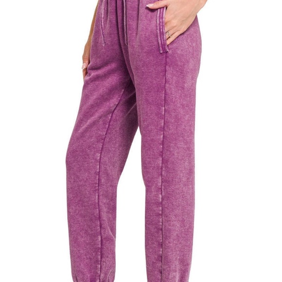 New Zenana Acid Wash Fleece Drawstring Sweatpants Mocha Pockets Joggers Plum - Picture 5 of 6